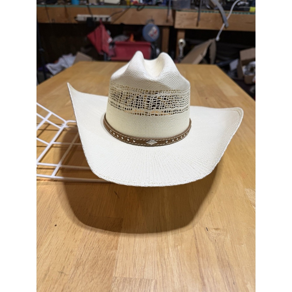 Resistol Travis 7X Straw Cowboy Hat 6 7/8 Natural 4" Brim Western Mexico EUC